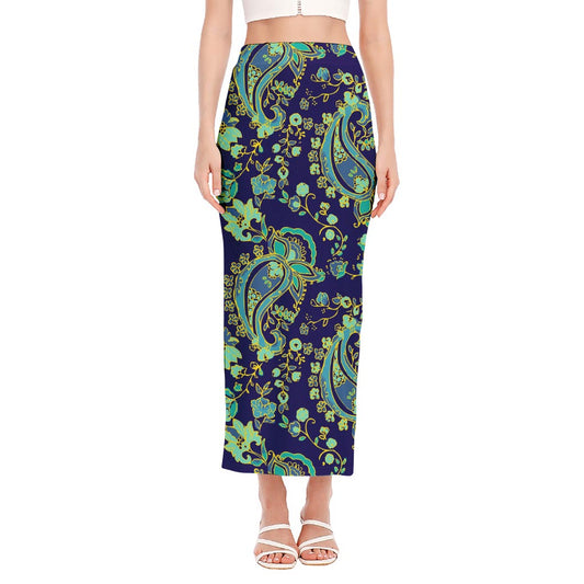 Blue Bohemian Paisley Pattern Print Side Slit Maxi Skirt
