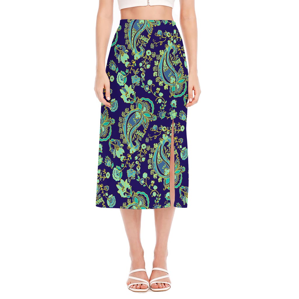 Blue Bohemian Paisley Pattern Print Side Slit Midi Skirt