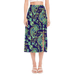 Blue Bohemian Paisley Pattern Print Side Slit Midi Skirt