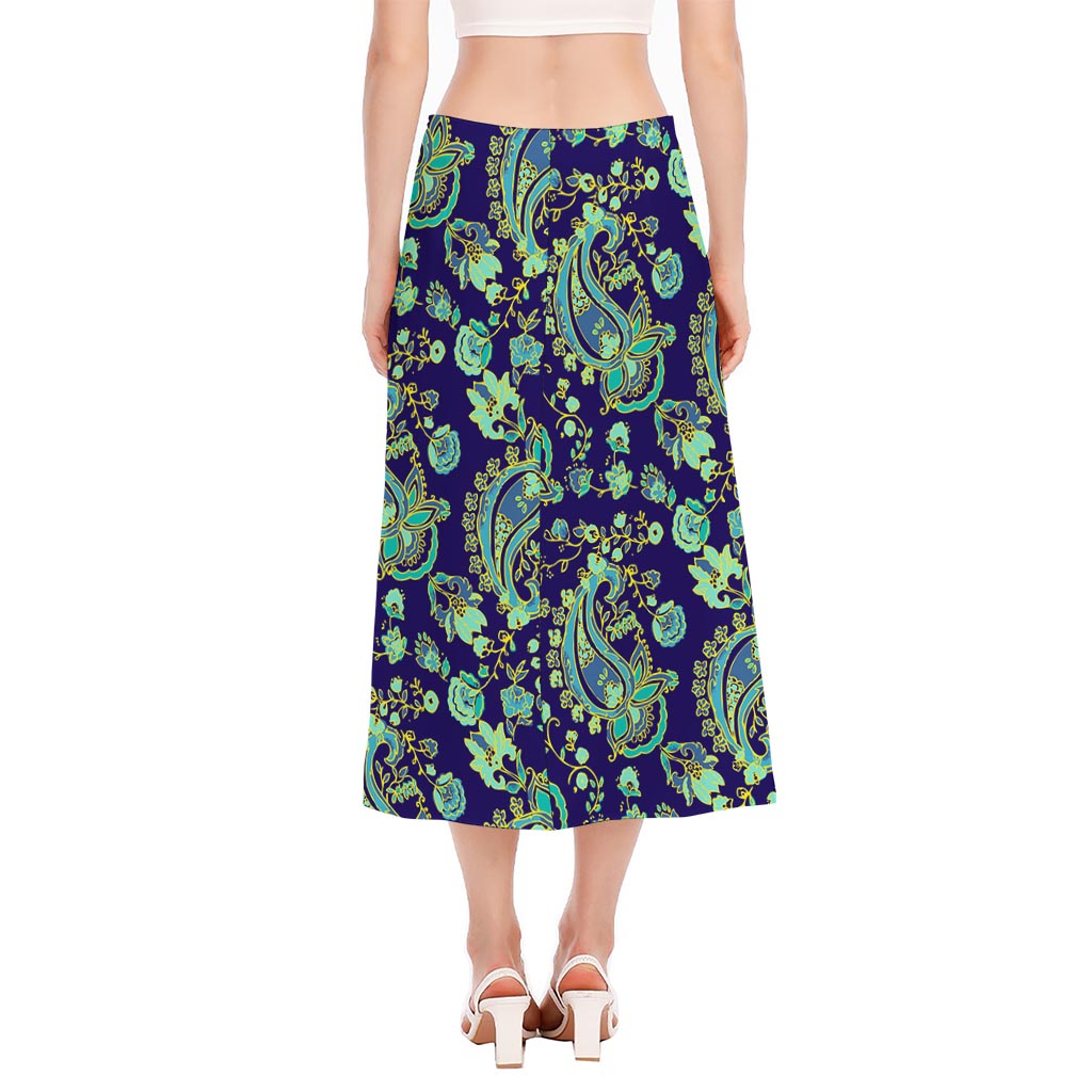 Blue Bohemian Paisley Pattern Print Side Slit Midi Skirt