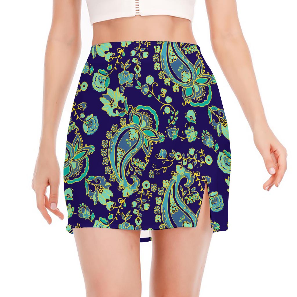 Blue Bohemian Paisley Pattern Print Side Slit Mini Skirt