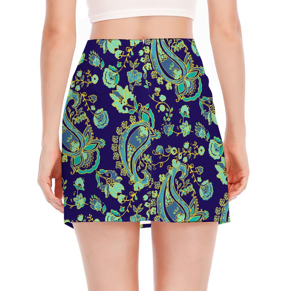 Blue Bohemian Paisley Pattern Print Side Slit Mini Skirt