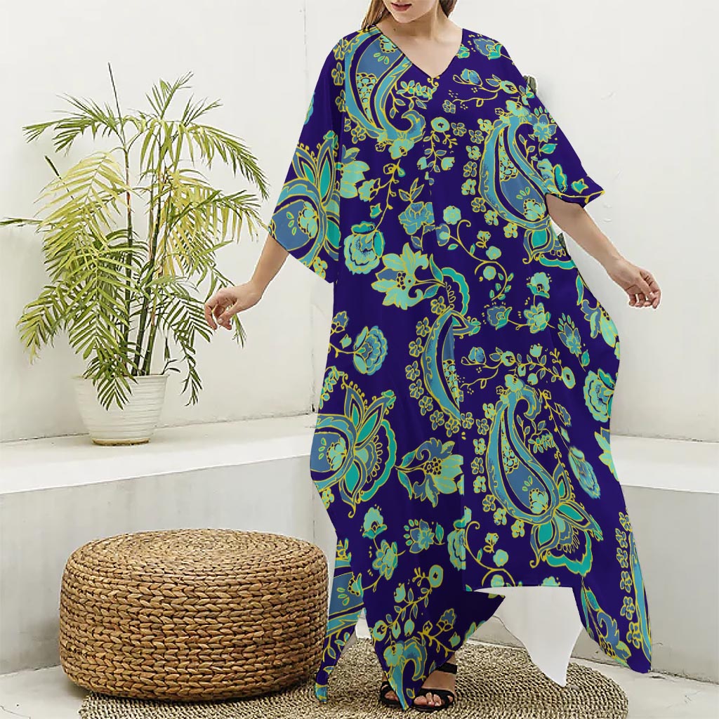 Blue Bohemian Paisley Pattern Print Silk V-Neck Kaftan Dress