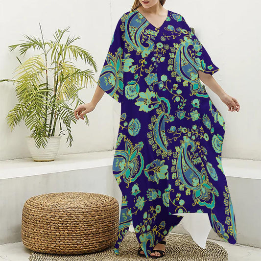 Blue Bohemian Paisley Pattern Print Silk V-Neck Kaftan Dress