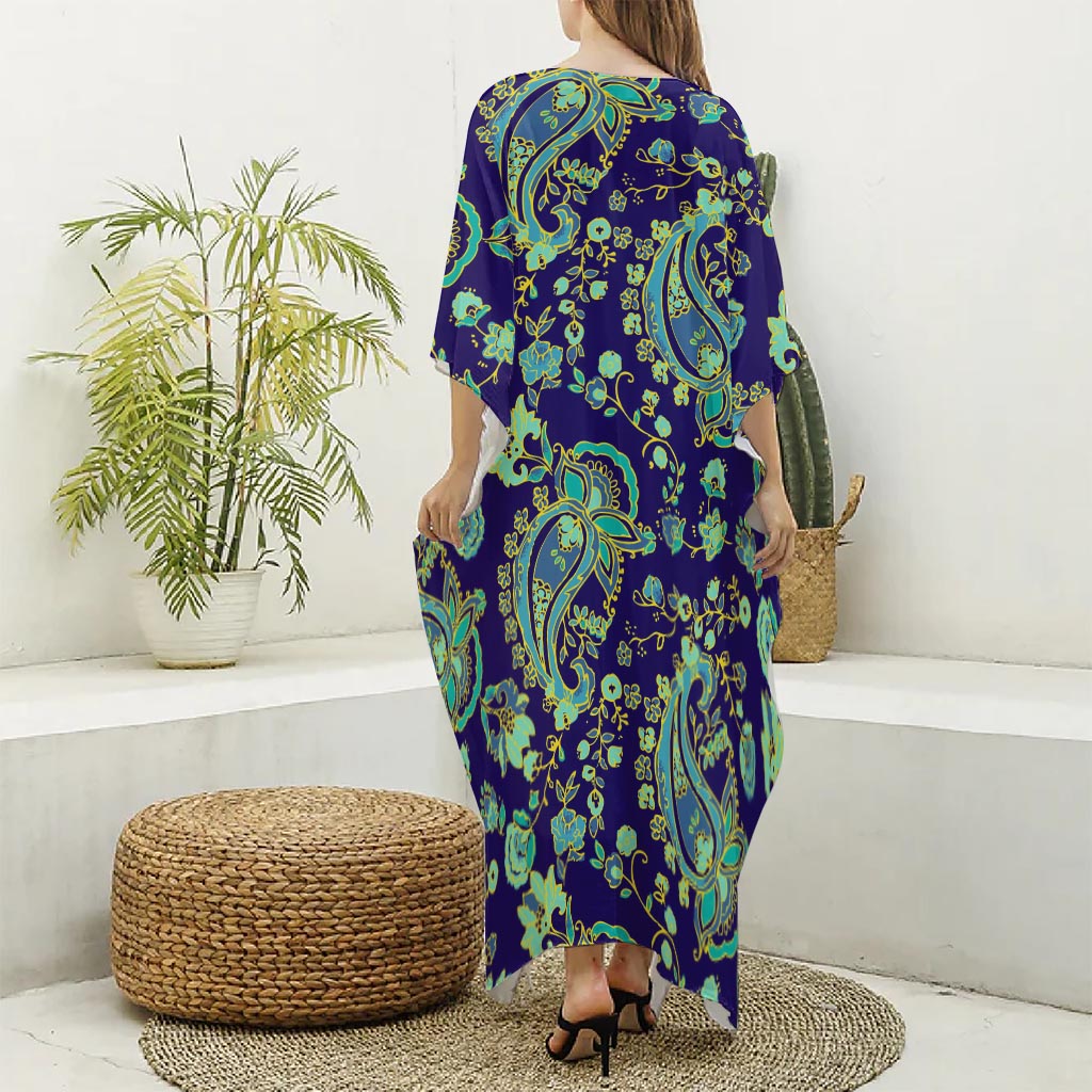 Blue Bohemian Paisley Pattern Print Silk V-Neck Kaftan Dress