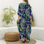 Blue Bohemian Paisley Pattern Print Silk V-Neck Kaftan Dress