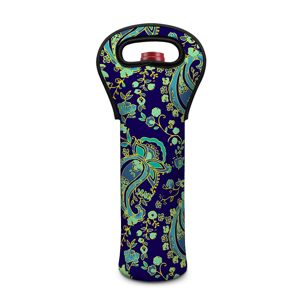 Blue Bohemian Paisley Pattern Print Single Neoprene Wine Tote