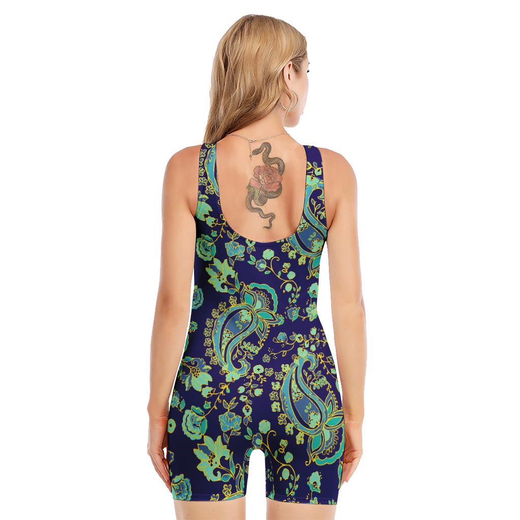 Blue Bohemian Paisley Pattern Print Sleeveless One Piece Swimsuit