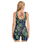 Blue Bohemian Paisley Pattern Print Sleeveless One Piece Swimsuit