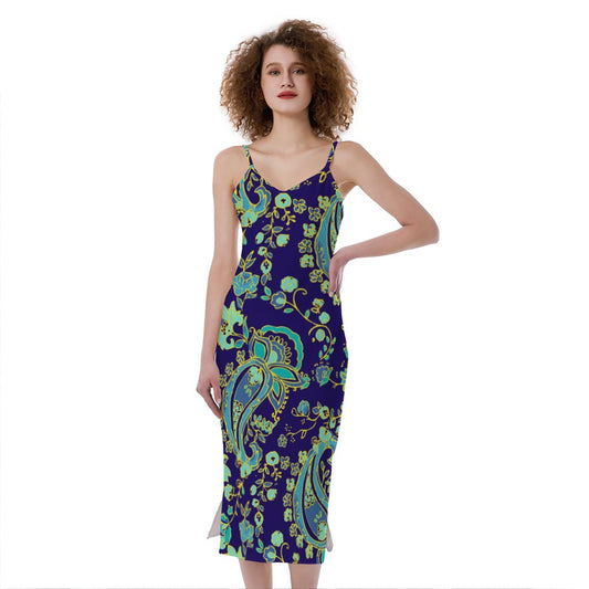 Blue Bohemian Paisley Pattern Print Slim Fit Midi Cami Dress