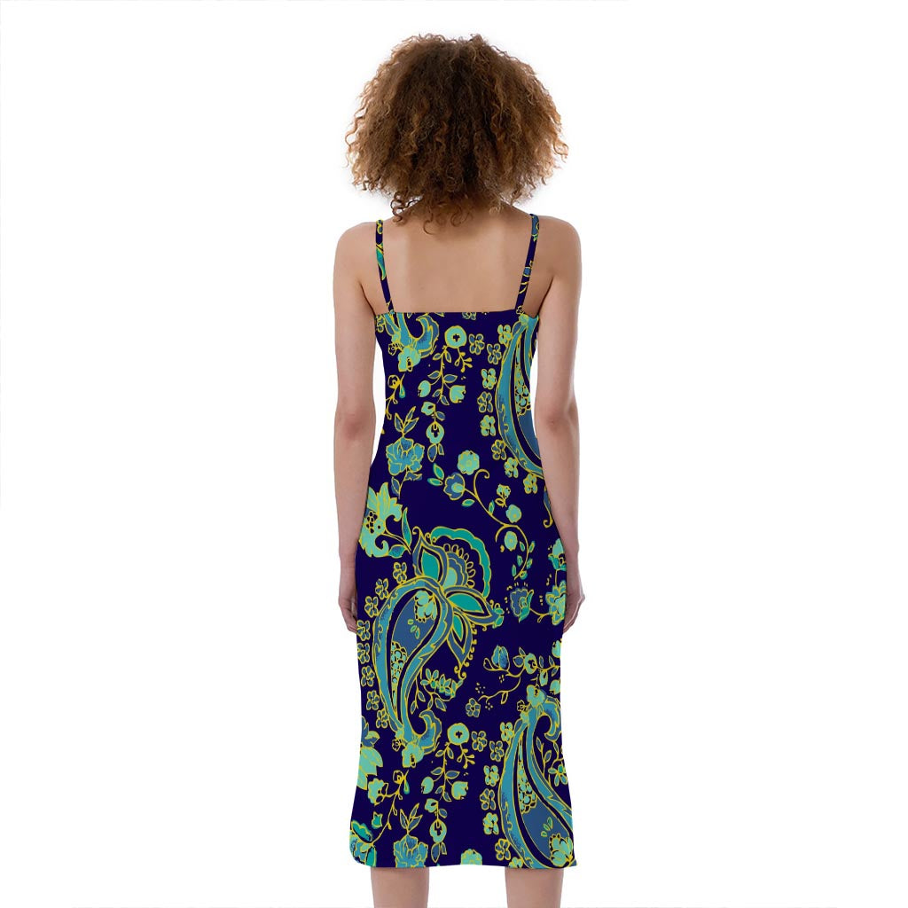 Blue Bohemian Paisley Pattern Print Slim Fit Midi Cami Dress