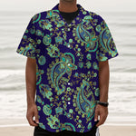 Blue Bohemian Paisley Pattern Print Textured Short Sleeve Shirt