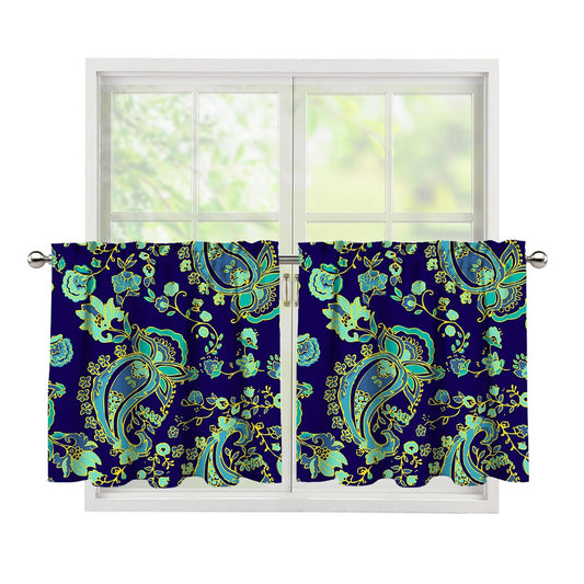 Blue Bohemian Paisley Pattern Print Tier Curtains