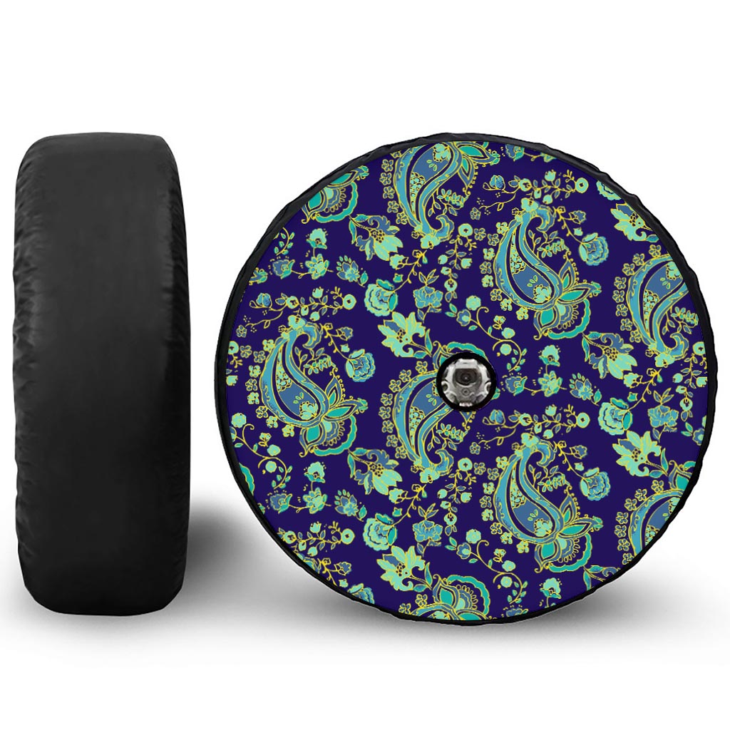 Blue Bohemian Paisley Pattern Print Tire Cover With Camera Hole