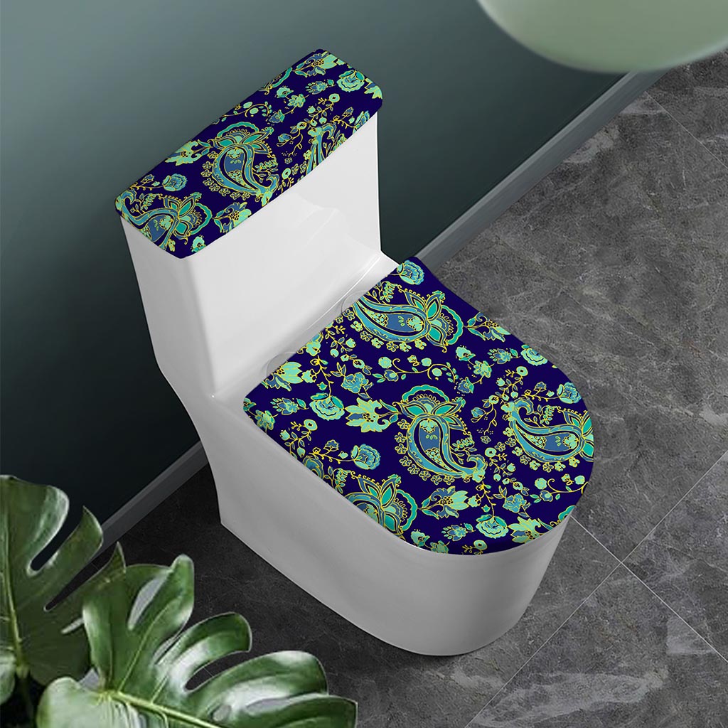 Blue Bohemian Paisley Pattern Print Toilet Lid And Tank Cover Set