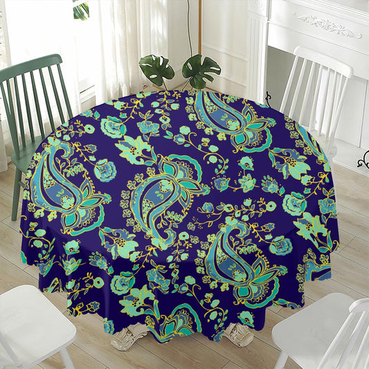 Blue Bohemian Paisley Pattern Print Waterproof Round Tablecloth