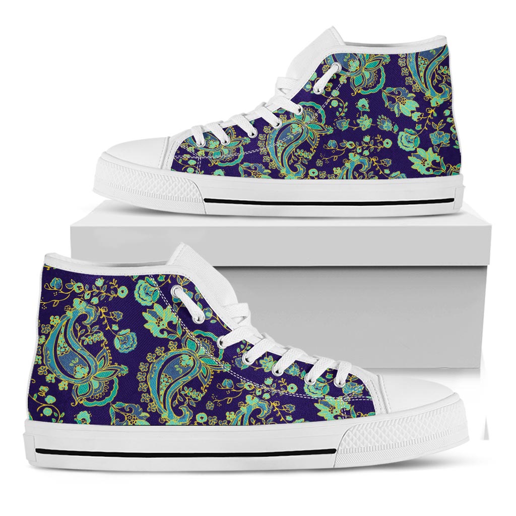 Blue Bohemian Paisley Pattern Print White High Top Sneakers
