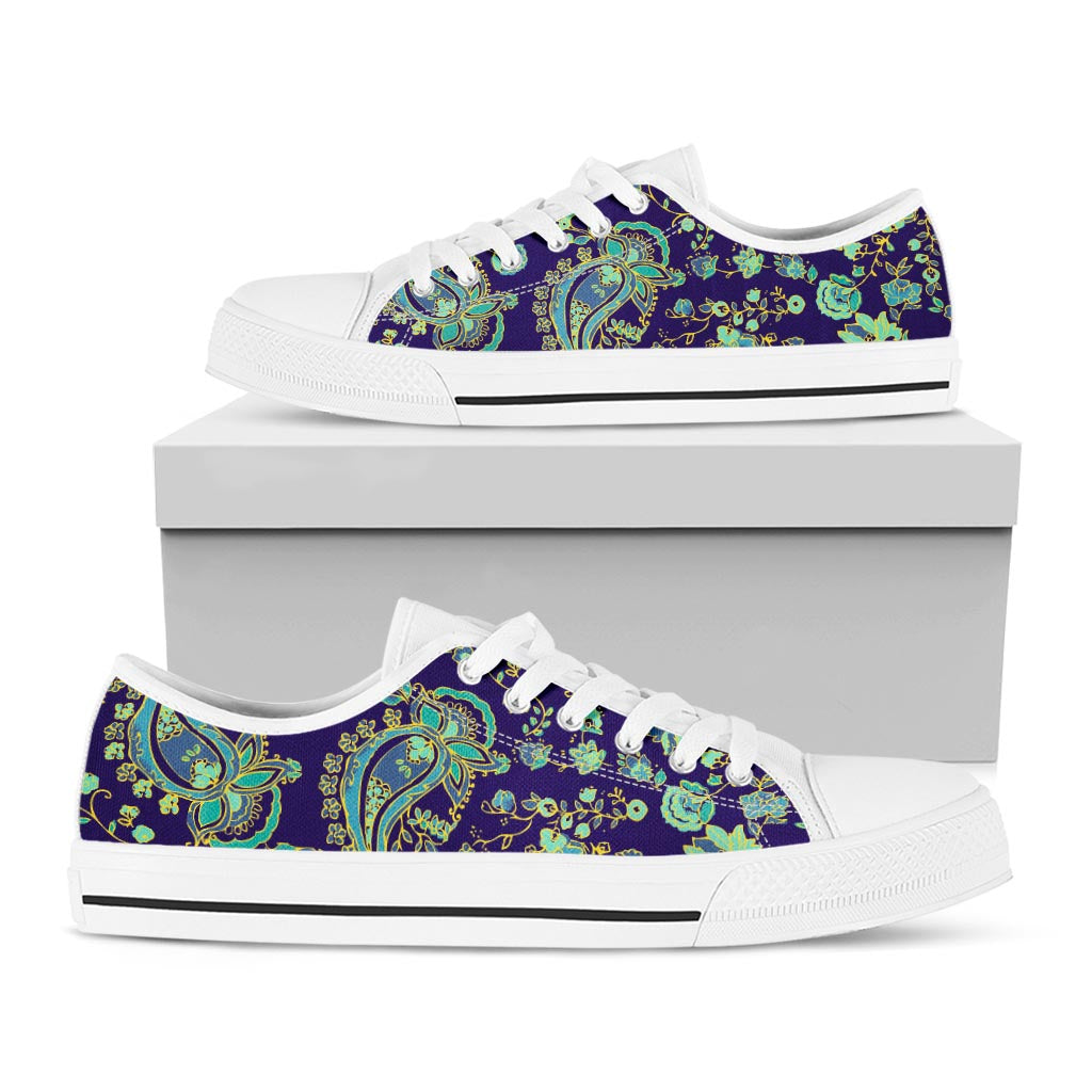 Blue Bohemian Paisley Pattern Print White Low Top Sneakers