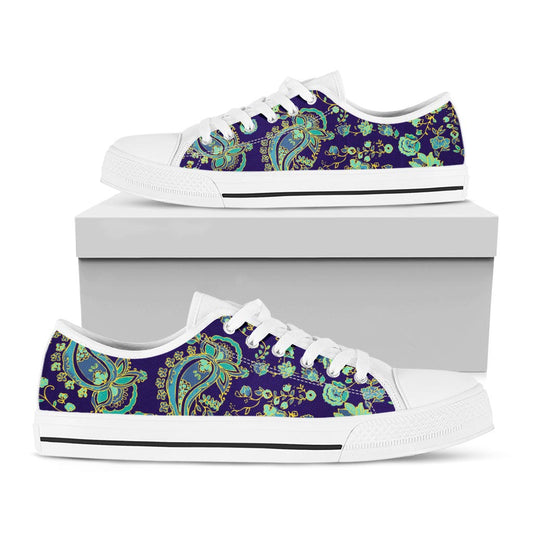 Blue Bohemian Paisley Pattern Print White Low Top Sneakers