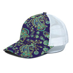 Blue Bohemian Paisley Pattern Print White Mesh Trucker Cap