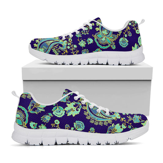 Blue Bohemian Paisley Pattern Print White Running Shoes