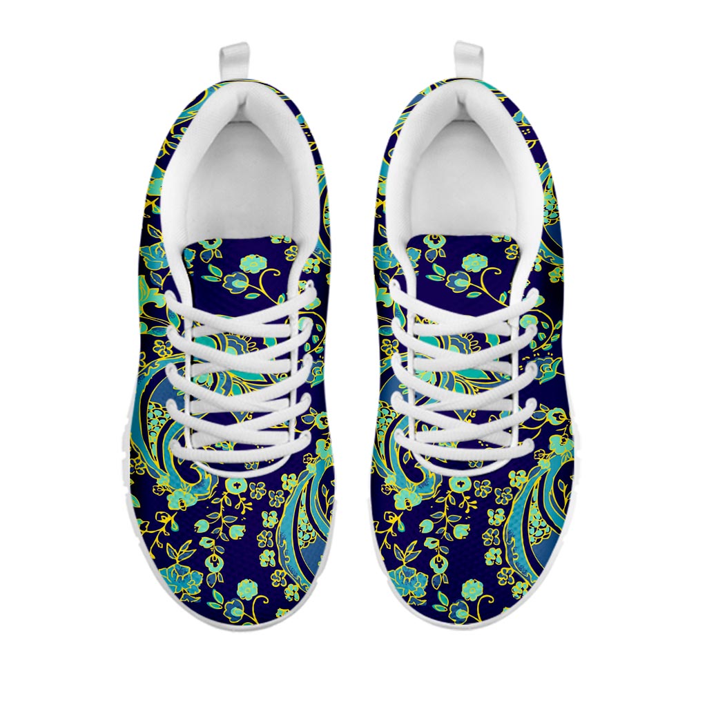 Blue Bohemian Paisley Pattern Print White Running Shoes