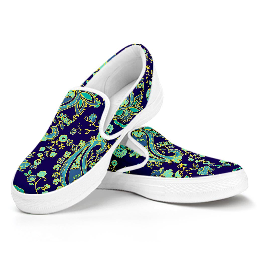 Blue Bohemian Paisley Pattern Print White Slip On Sneakers