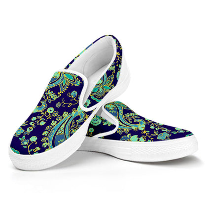 Blue Bohemian Paisley Pattern Print White Slip On Sneakers