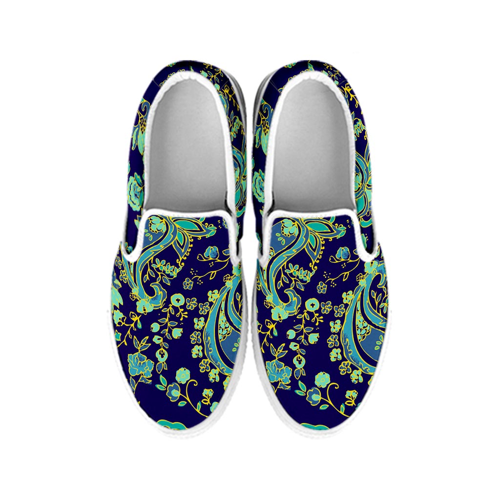 Blue Bohemian Paisley Pattern Print White Slip On Sneakers