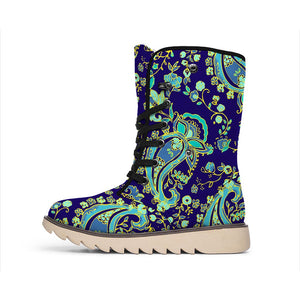 Blue Bohemian Paisley Pattern Print Winter Boots