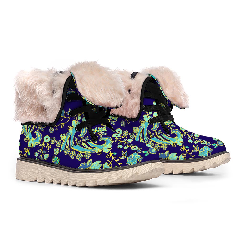 Blue Bohemian Paisley Pattern Print Winter Boots