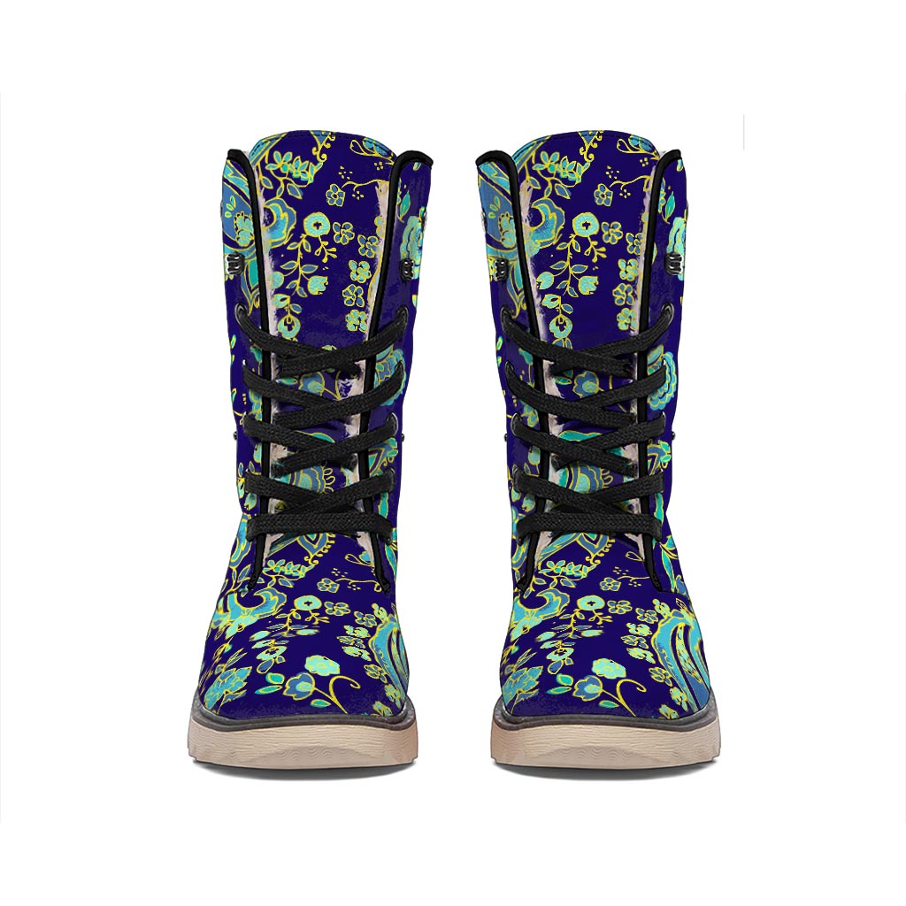 Blue Bohemian Paisley Pattern Print Winter Boots