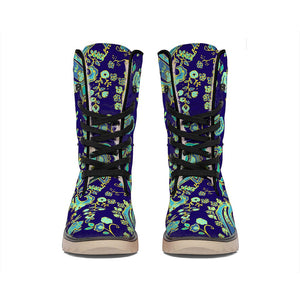 Blue Bohemian Paisley Pattern Print Winter Boots