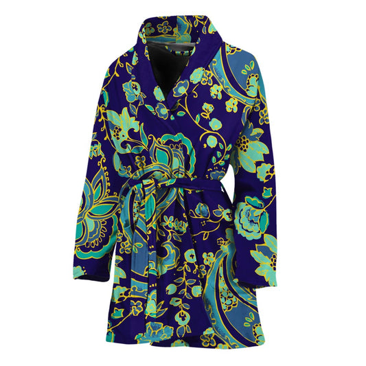 Blue Bohemian Paisley Pattern Print Women's Bathrobe