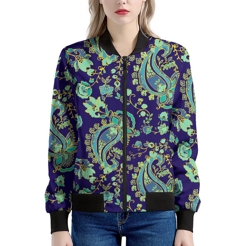 Blue Bohemian Paisley Pattern Print Women's Bomber Jacket