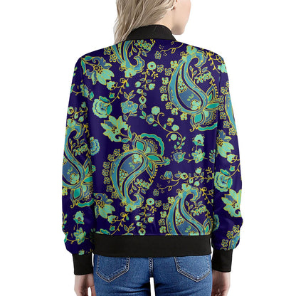 Blue Bohemian Paisley Pattern Print Women's Bomber Jacket
