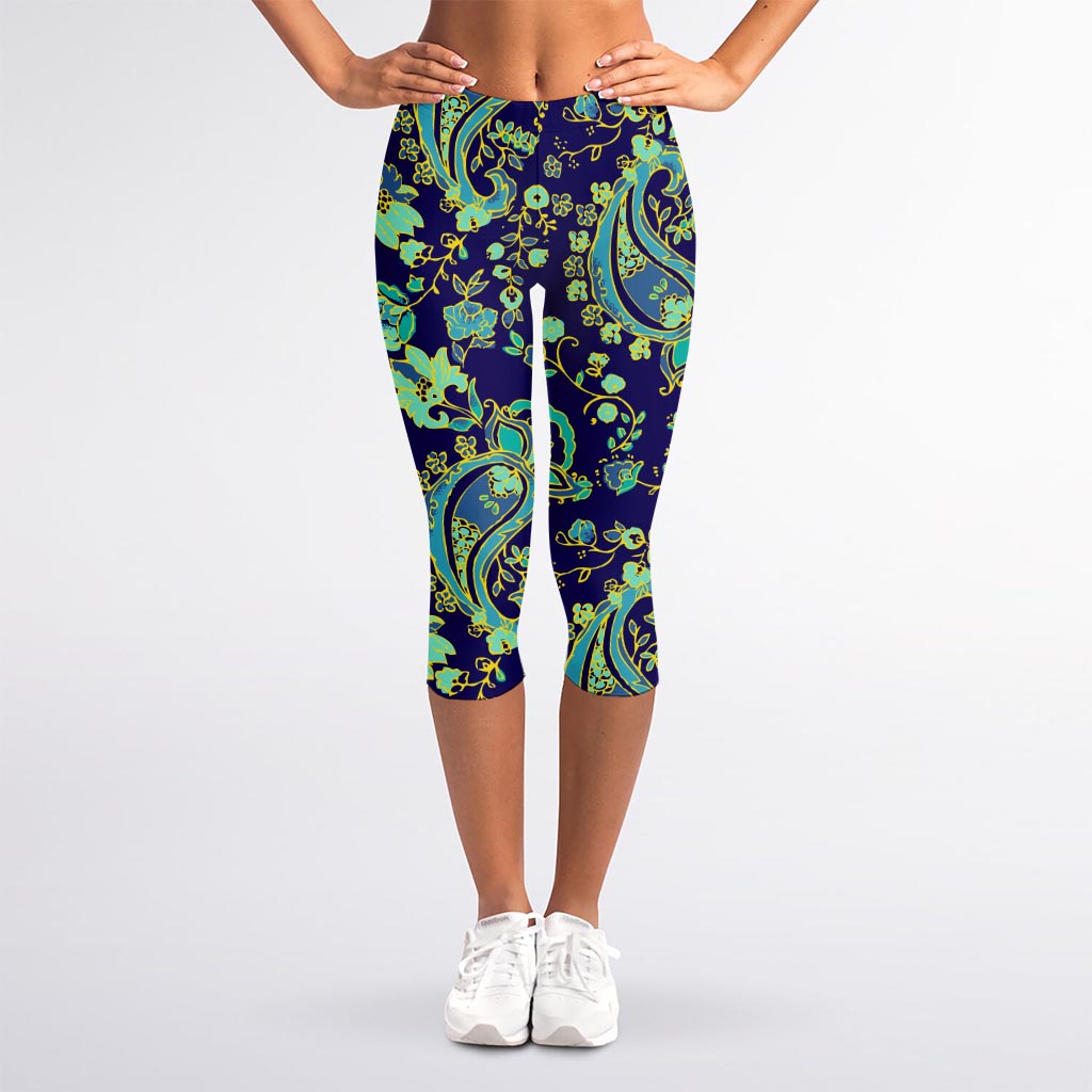 Blue Bohemian Paisley Pattern Print Women's Capri Leggings