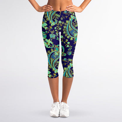 Blue Bohemian Paisley Pattern Print Women's Capri Leggings