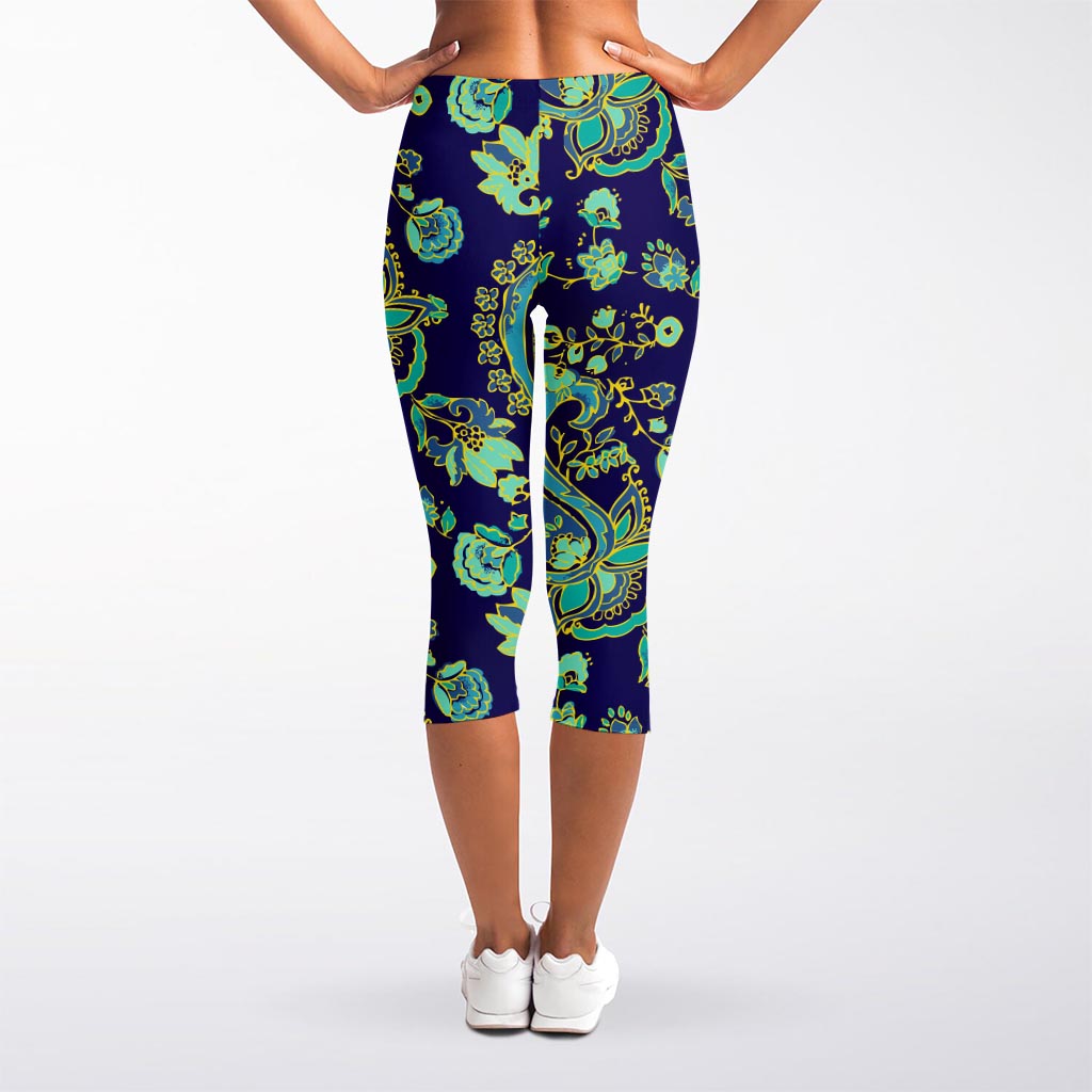 Blue Bohemian Paisley Pattern Print Women's Capri Leggings