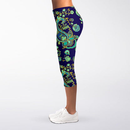 Blue Bohemian Paisley Pattern Print Women's Capri Leggings