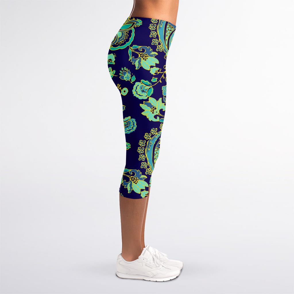 Blue Bohemian Paisley Pattern Print Women's Capri Leggings