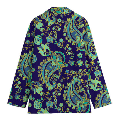 Blue Bohemian Paisley Pattern Print Women's Cotton Blazer
