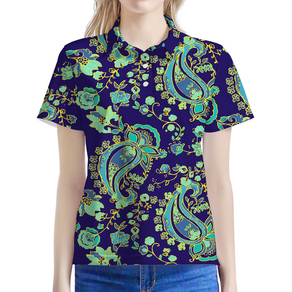 Blue Bohemian Paisley Pattern Print Women's Polo Shirt