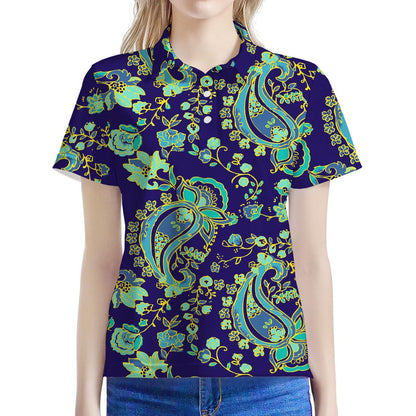 Blue Bohemian Paisley Pattern Print Women's Polo Shirt