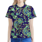 Blue Bohemian Paisley Pattern Print Women's Polo Shirt