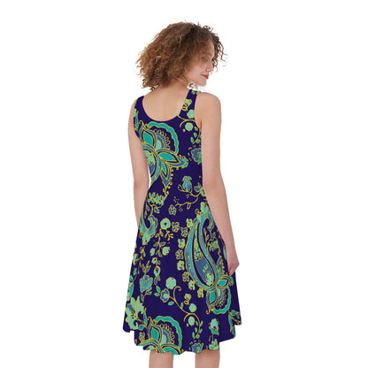 Blue Bohemian Paisley Pattern Print Women's Sleeveless Dress