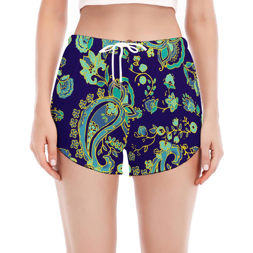 Blue Bohemian Paisley Pattern Print Women's Split Running Shorts