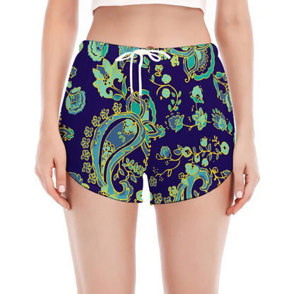 Blue Bohemian Paisley Pattern Print Women's Split Running Shorts