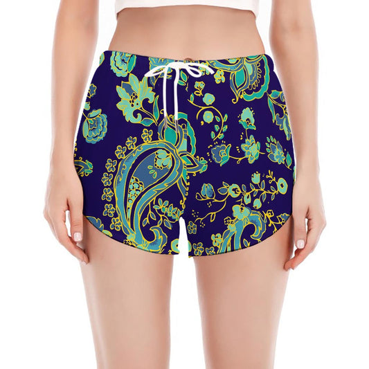 Blue Bohemian Paisley Pattern Print Women's Split Running Shorts