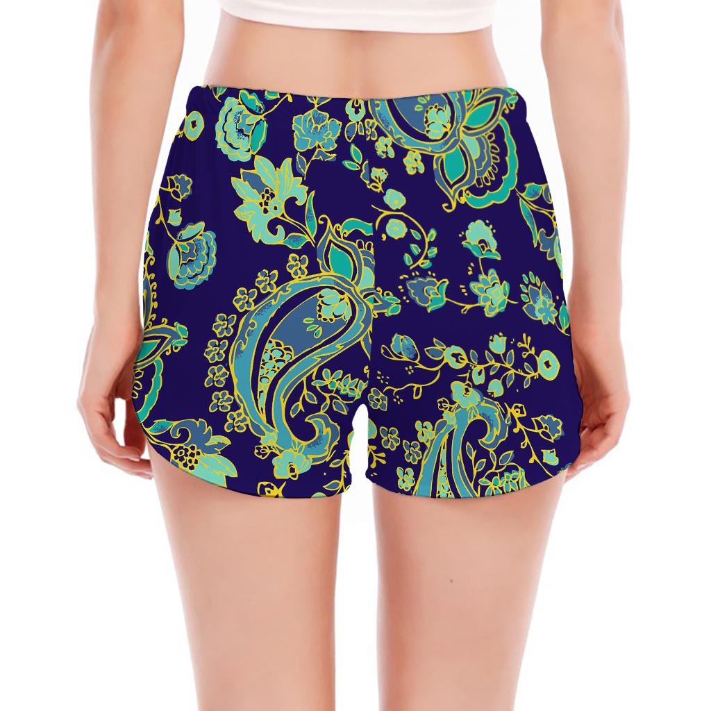 Blue Bohemian Paisley Pattern Print Women's Split Running Shorts